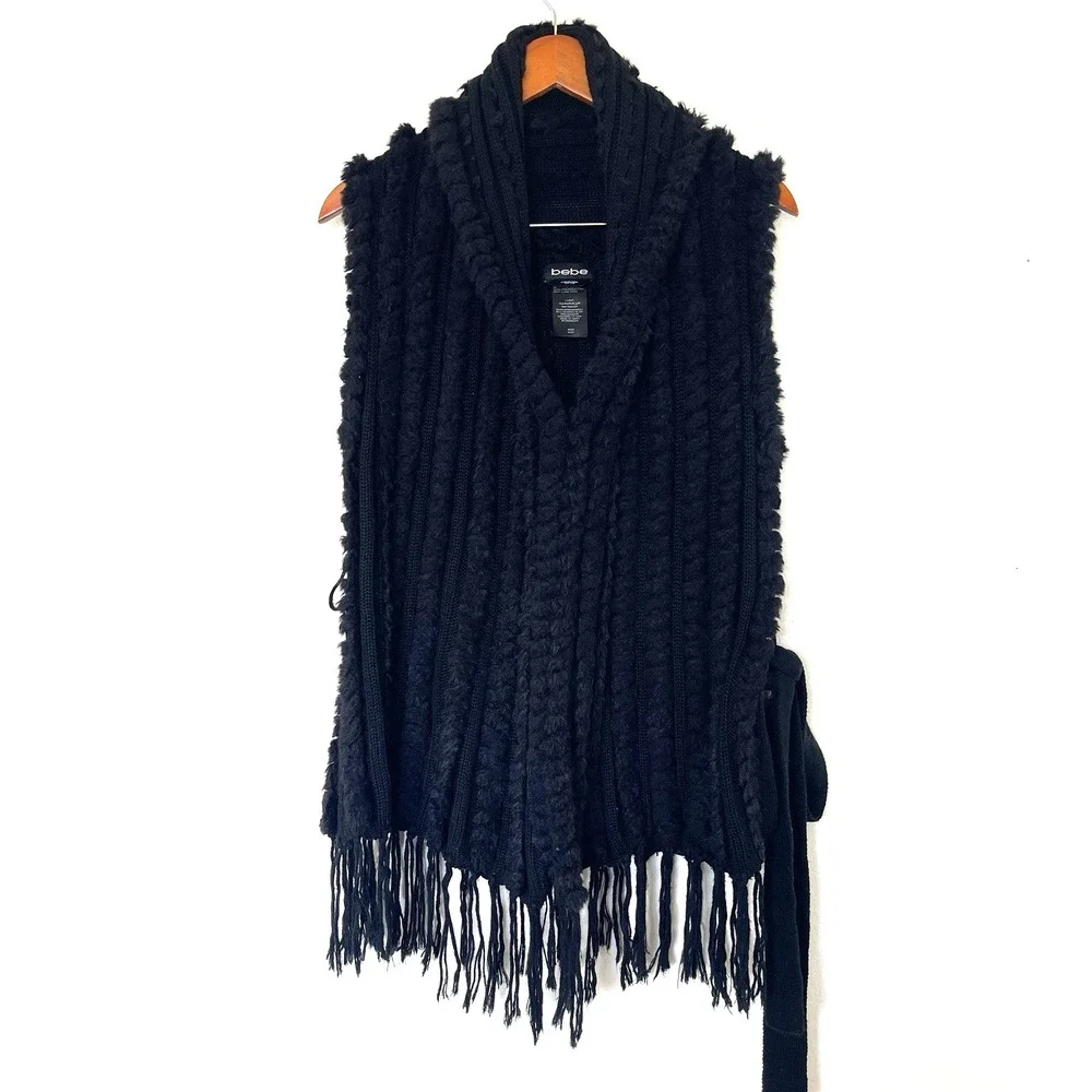 Vintage Y2K Bebe One Size‎ Faux Fur Sweater Vest Black Fringe Goth Grunge 90s